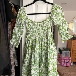 MISA Smocked Square-Neck Mini Dress in Green Paisley